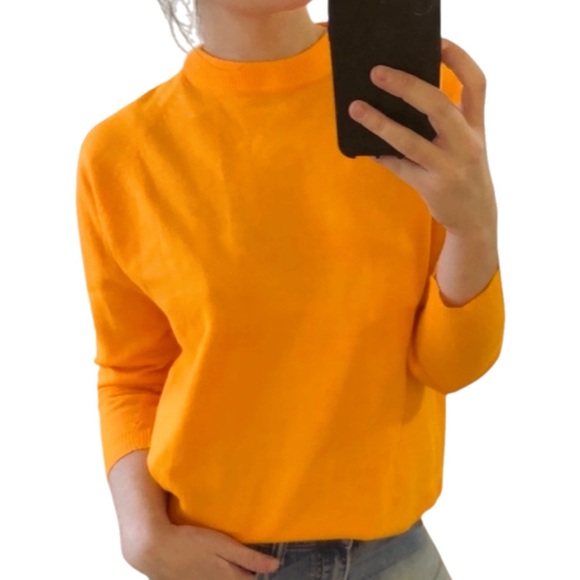 Vintage Sweaters - Vintage 60s Bright Orange 3/4 Sleeve Mock Turtleneck Sweater • Small